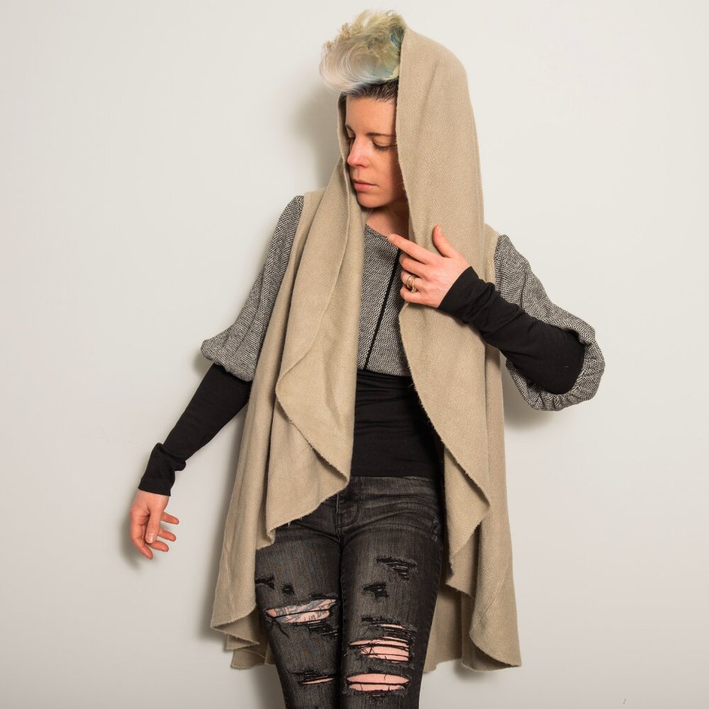 Open Circle Cloak Sleeveless Waterfall Cardigan in Neutral/ Beige/ Taupe
